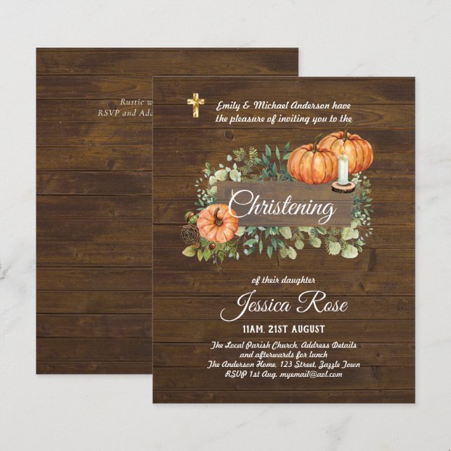 BUDGET Rustique Woodland Christening Invitation Ba (Devant / Derrière)
