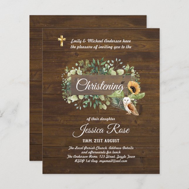 BUDGET Rustique Woodland Christening Invitation Ba (Devant / Derrière)