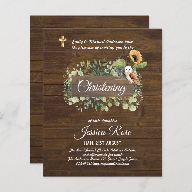 BUDGET Rustique Woodland Christening Invitation Ba (Devant / Derrière)