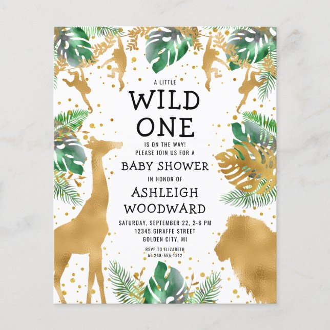 Budget Safari Baby shower Green Gold Invitation (Devant)