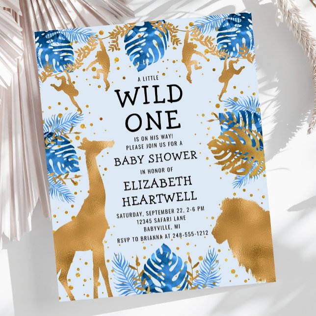 Budget Safari Blue Gold Boy Baby shower Invitation (Créateur téléchargé)