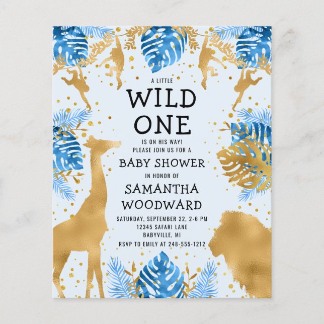 Budget Safari Blue Gold Boy Baby shower Invitation (Devant)