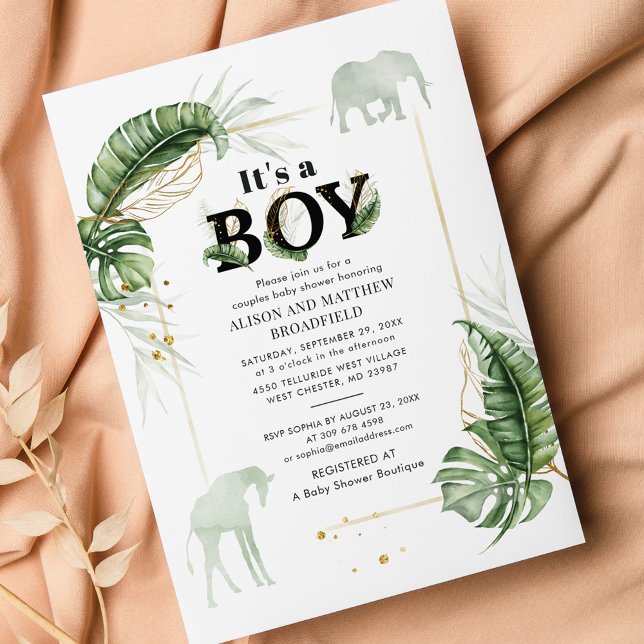 Budget Safari Elephant Giraffe Boy Baby shower (Jungle Safari Boy Baby Shower Invitation)