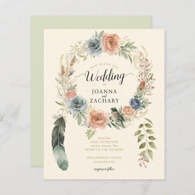 Budget Sage Boho Aquarelle Floral Wedding Invitati (Devant / Derrière)