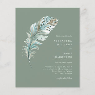 Budget Sage Boho Feather Minimal Wedding Invitatio