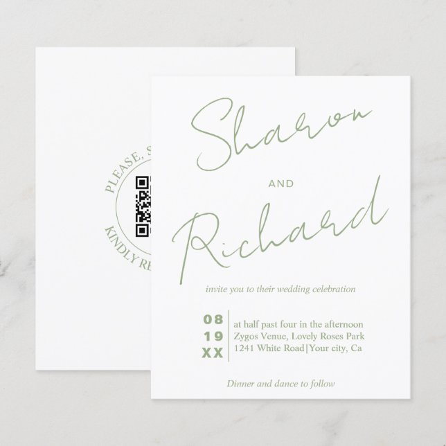 BUDGET Sage calligraphie verte QR code mariage (Devant / Derrière)