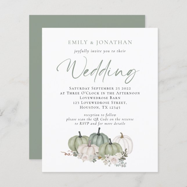 Budget Sage Citrouilles Florals QR Wedding Invitat (Devant / Derrière)