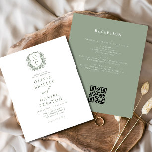 Budget Sage Green Crest Monogramme Mariage QR Code