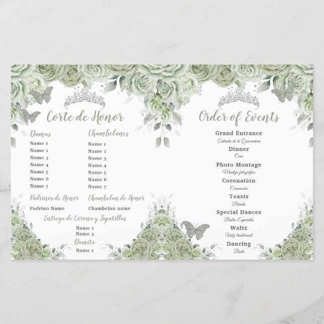 Budget Sage Green Floral Quinceañera XV Programme (Dos)
