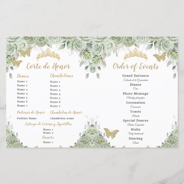 Budget Sage Green Floral Quinceañera XV Programme (Dos)