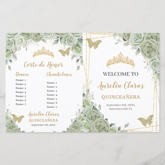 Budget Sage Green Floral Quinceanera XV Programme (Devant)