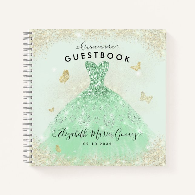 Budget Sage Green Gold Quinceanera Livre d'or (Devant)