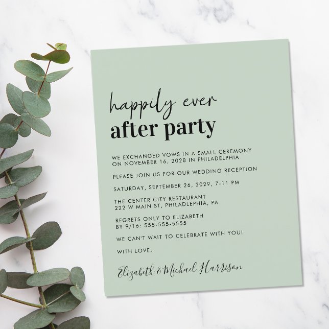 Budget Sage Green Mariage Réception Invitation (A chic and affordable Happily Ever After Party invitation)