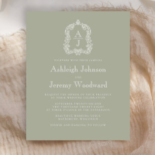 Budget Sage Green Monogram Crest Mariage Invitatio