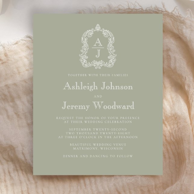 Budget Sage Green Monogram Crest Mariage Invitatio (Créateur téléchargé)