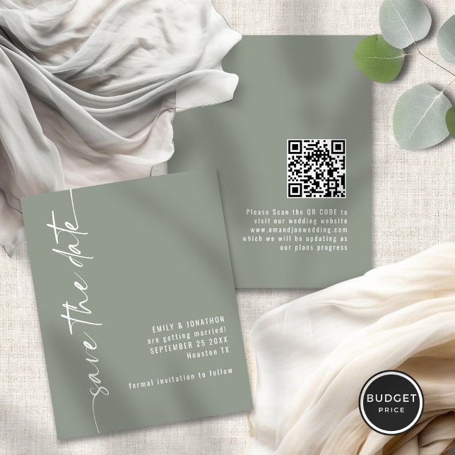 Budget Sage Green Script QR Wedding Enregistrer la (Front and back view)