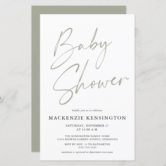Budget Sage Olive Green Simple Script Baby shower (Devant / Derrière)