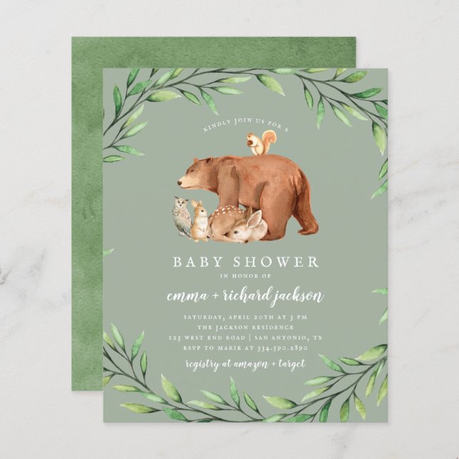 Budget Sage Vert Forêt Animaux Baby shower (Devant / Derrière)