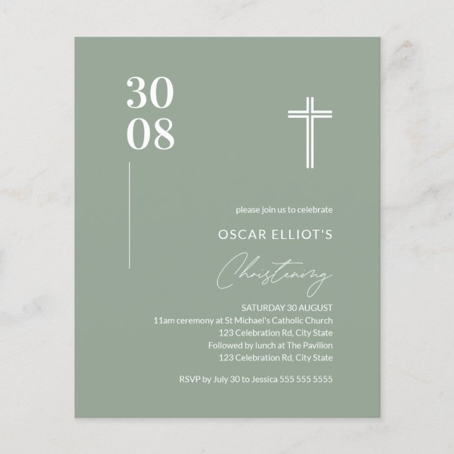 Budget Sage Vert minimaliste Christening Invitatio (Devant)