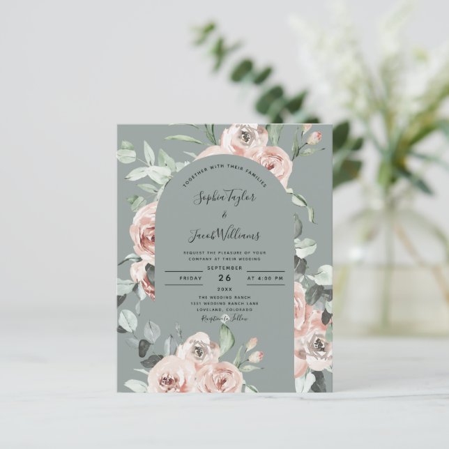 Budget Sage Vert rose Faire-part de mariage Floral (Debout devant)