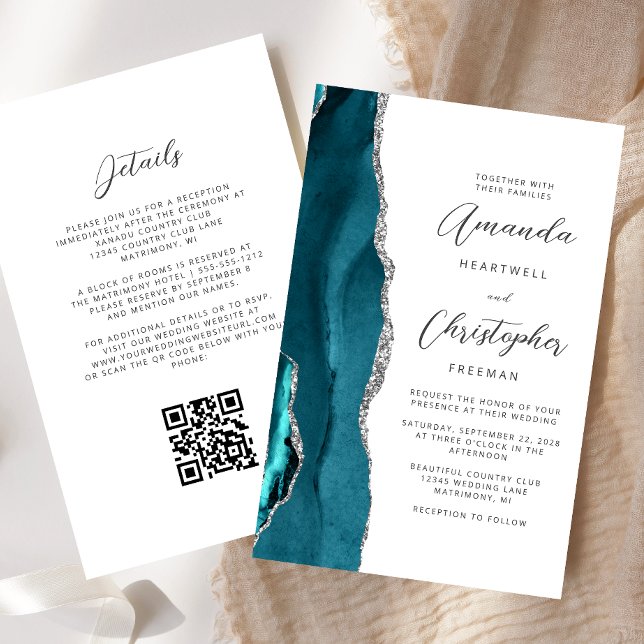 Budget Sarcelle Bleu Argent Agate Code QR Mariage (Créateur téléchargé)