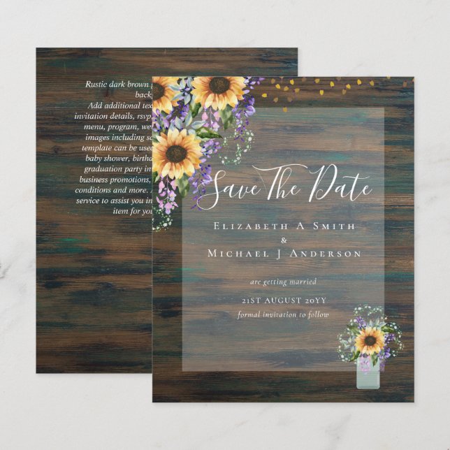 BUDGET SAVE THE DATE Rustique Tournesols Violet (Devant / Derrière)