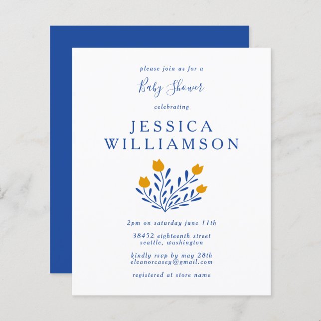 Budget Scandi Blue Floral Baby shower Invitation (Devant / Derrière)