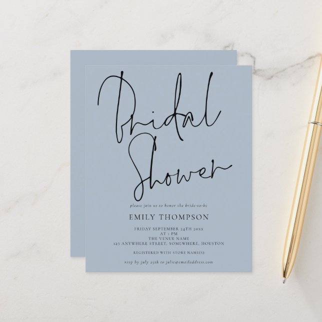 Budget Script Dusty Blue Bridal Shower Invitation (Devant/Arrière en situation)