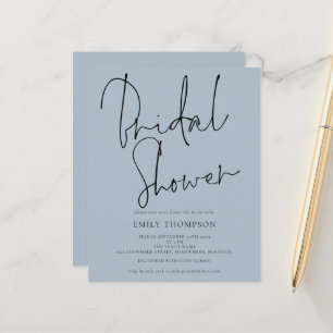 Budget Script Dusty Blue Bridal Shower Invitation