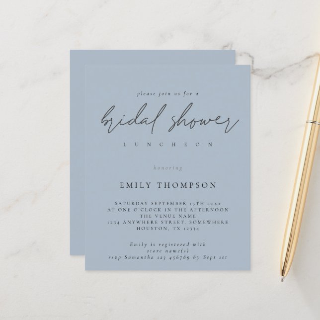 Budget Script Dusty Blue Bridal Shower Invite (Devant/Arrière en situation)