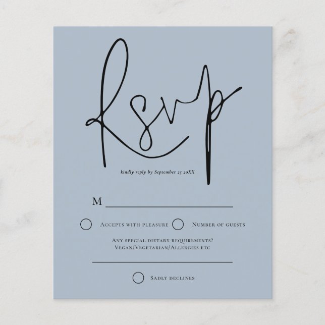 Budget Script Dusty Blue Wedding RSVP (Devant)