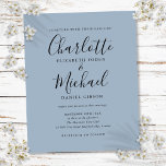 Budget Script Dusty Faire-part de mariage bleu<br><div class="desc">Doté de noms de style signature,  cet élégant faire-part de mariage bleu poussiéreux à budget peut être personnalisé avec vos informations en lettrage chic. Conçu par Thisisnotme©</div>