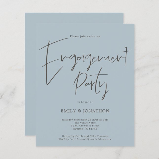 Budget Script Engagement Party Dusty Blue Invitati (Devant / Derrière)