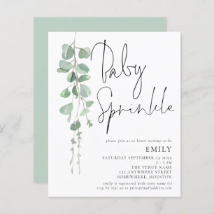 Budget Script Eucalyptus Baby Sprinkle Invitation