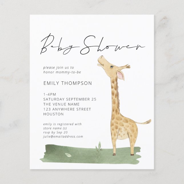 Budget Script mignon Giraffe Baby shower Invitatio (Devant)