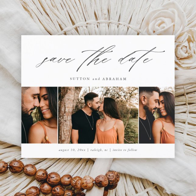 Budget Script Minimal 3 Photo Save The Date  (Elegant script 3 photo wedding save the date cards.)