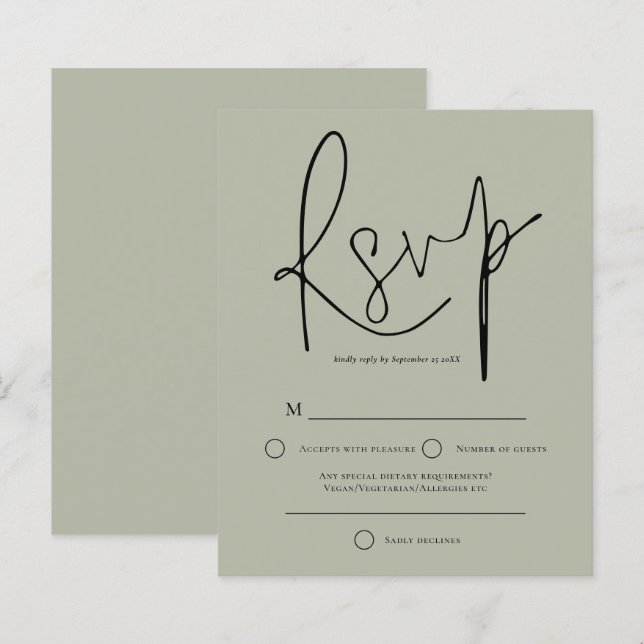 Budget Script Pale Sage Vert Mariage RSVP (Devant / Derrière)