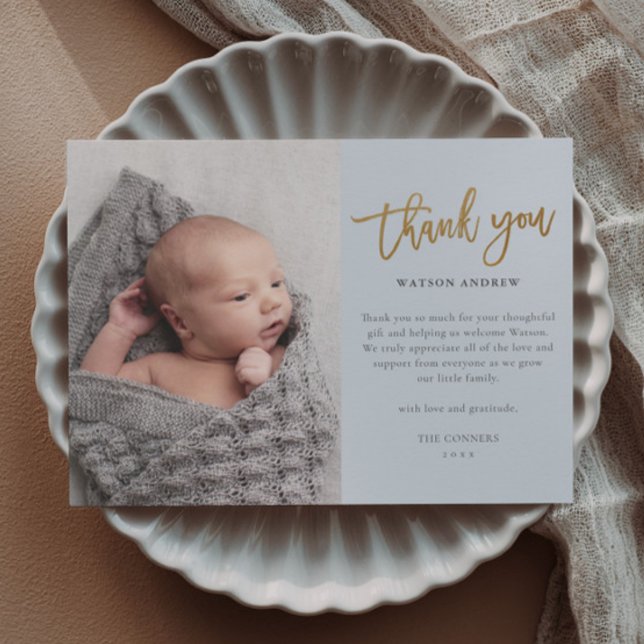 Budget Script Photo Baby Boy Carte de remerciement (Modern gold script budget baby photo thank you cards.)