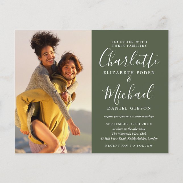Budget Script Photo Mariage Olive Green Invitation (Devant)