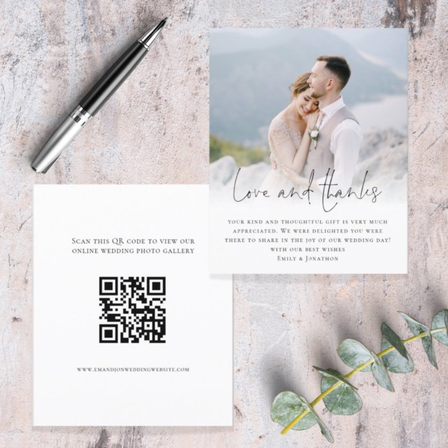 Budget Script QR Code Photo Mariage Love Merci (Front and back view. Budget price smaller alternative. Part of large matching wedding collection)