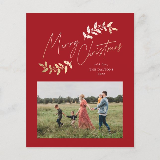 Budget Script Red Gold 2 Photo Christmas Card (Devant)