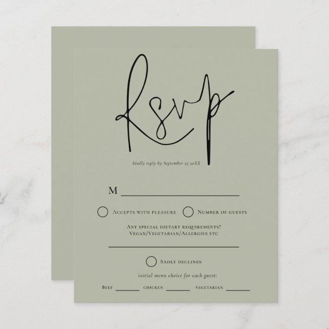 Budget Script Sage Green Wedding RSVP (Devant / Derrière)
