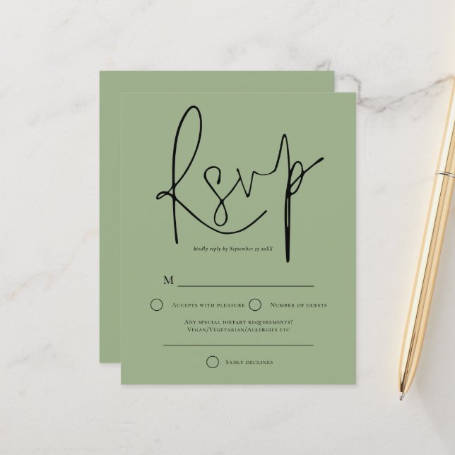 Budget Script Sage Green Wedding RSVP (Devant/Arrière en situation)
