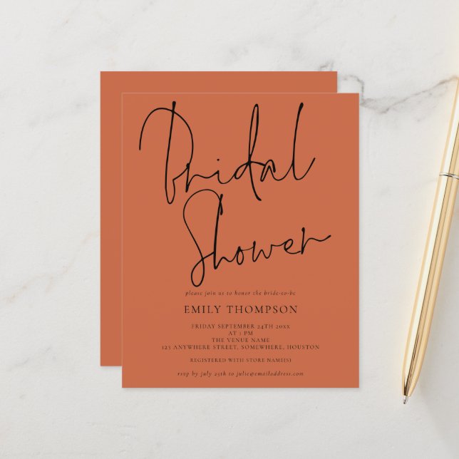 Budget Script Terracotta Bridal Shower Invitation (Devant/Arrière en situation)