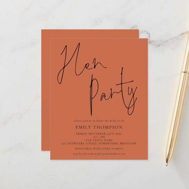 Budget Script Terracotta Hen Party Invitation (Devant/Arrière en situation)