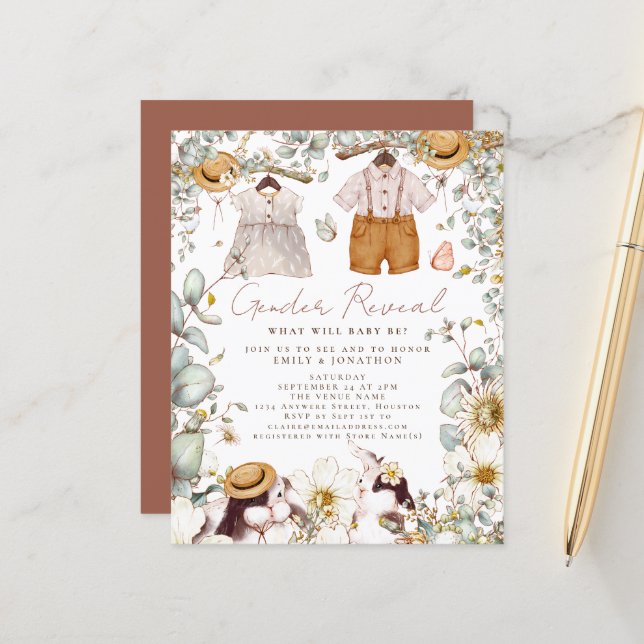 Budget Sexe Révéler Bunny Baby shower Invitation (Devant/Arrière en situation)