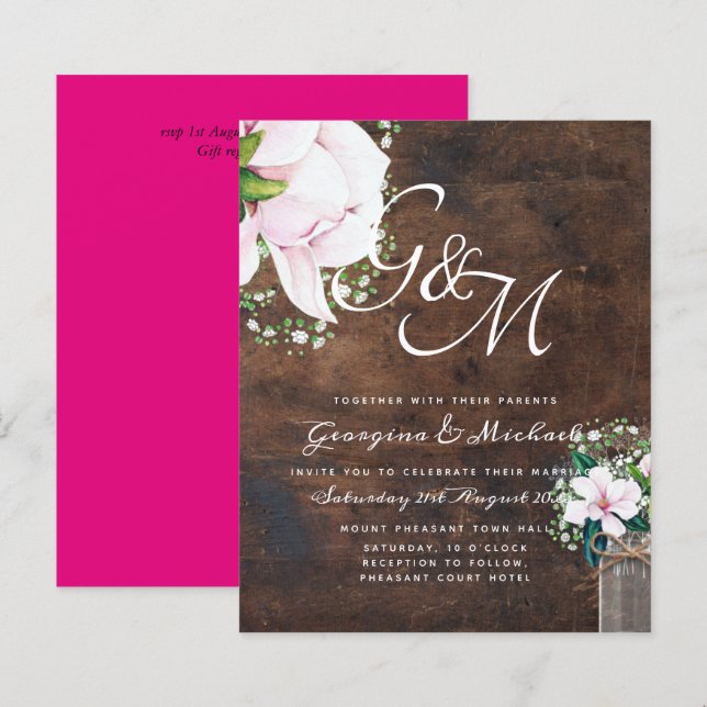 BUDGET Shabby Pink Magnolia Chic Wedding Invitatio (Devant / Derrière)