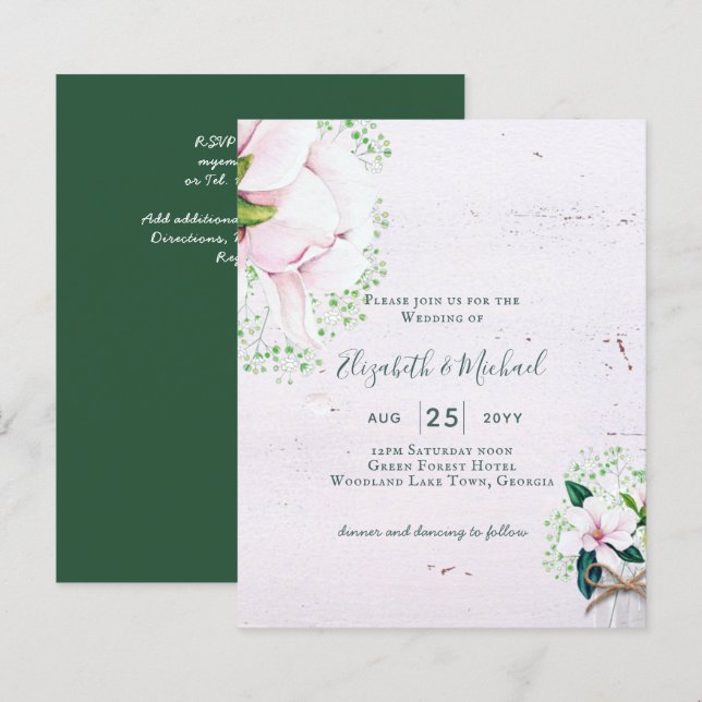 BUDGET Shabby Pink Magnolia Chic Wedding Invitatio (Devant / Derrière)
