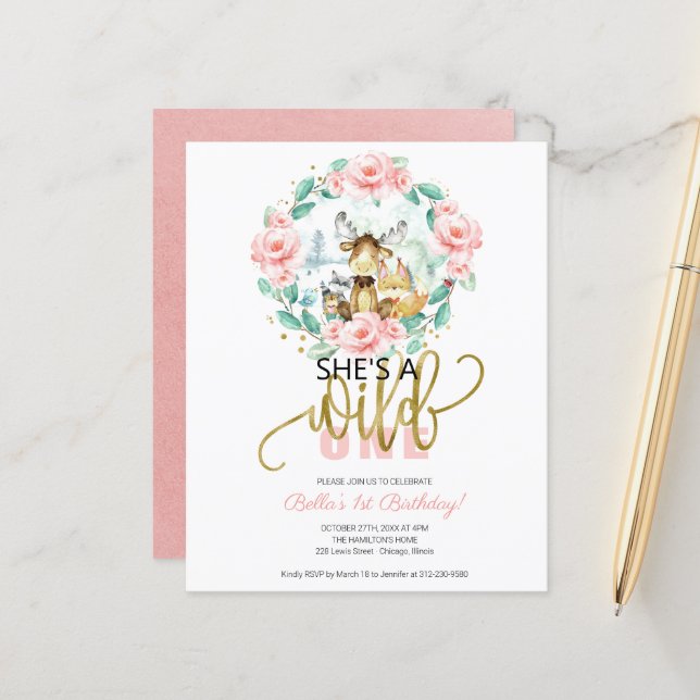 Budget She's A Wild One 1st Birthday Invitation (Devant/Arrière en situation)