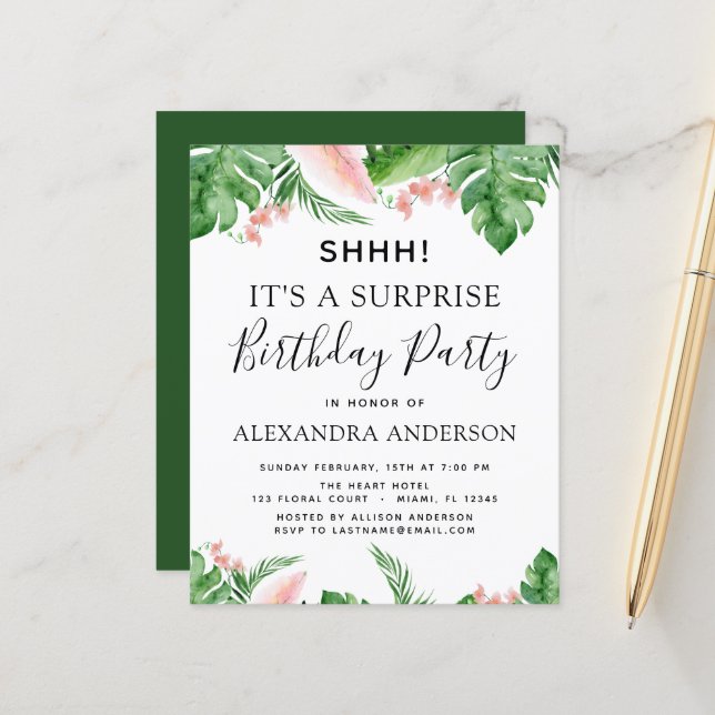 Budget Shhh Surprise Anniversaire Fête Tropical (Devant/Arrière en situation)